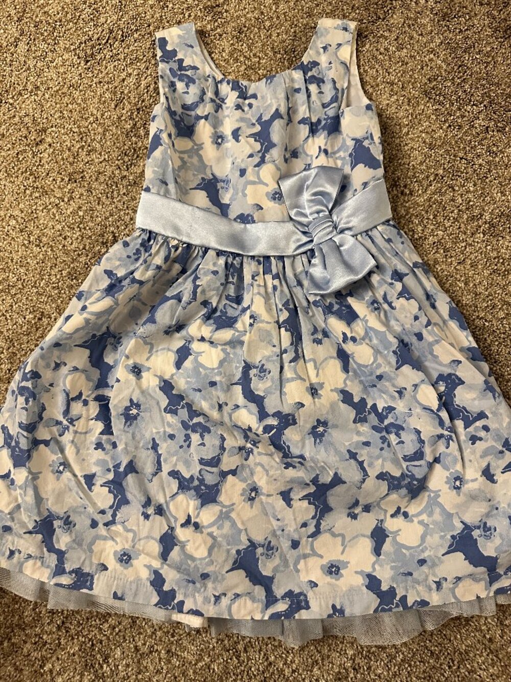 Gymboree Blue White Floral summer dress Girls 5 EUC satin bow layered skirt